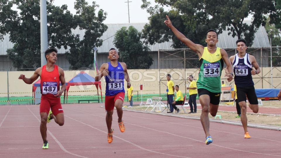 Pelari Jawa Timur, Yudi Dwi Nugroho, berhasil menang pada nomor 200 meter Putra di Kejuaraan Nasional Atletik 2015 di Stadion Rawamangun, Rabu (02/09/15).